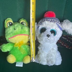 Green Frog Plush Toy and Ty Sleighbell white dog